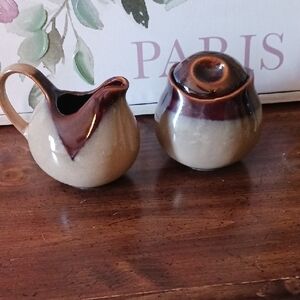 Brown and Cream Ceramic Pitcher and Sugar Bowl Set